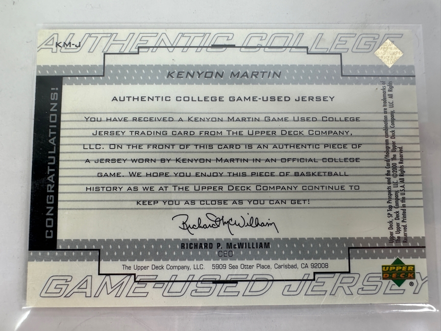 Upper Deck SP 2000 Kenyon Martin Game-Used College Jersey Basketball Card [Photo 2]
