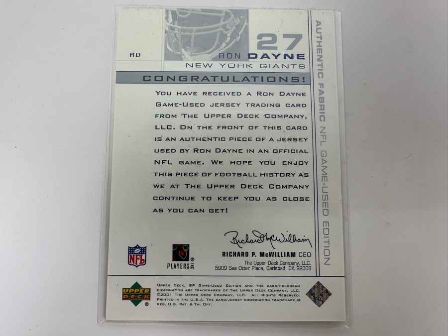 Upper Deck SP 2001 Ron Dayne New York Giants Game-Used Jersey Football Card [Photo 2]