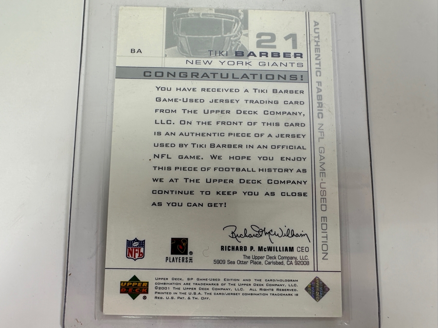 Upper Deck SP 2001 Tiki Barber New York Giants Game-Used Jersey Football Card [Photo 2]