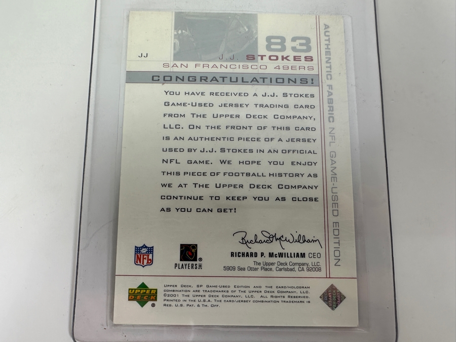 Upper Deck SP 2001 J J Stokes San Francisco 49ers Game-Used Jersey Football Card [Photo 2]