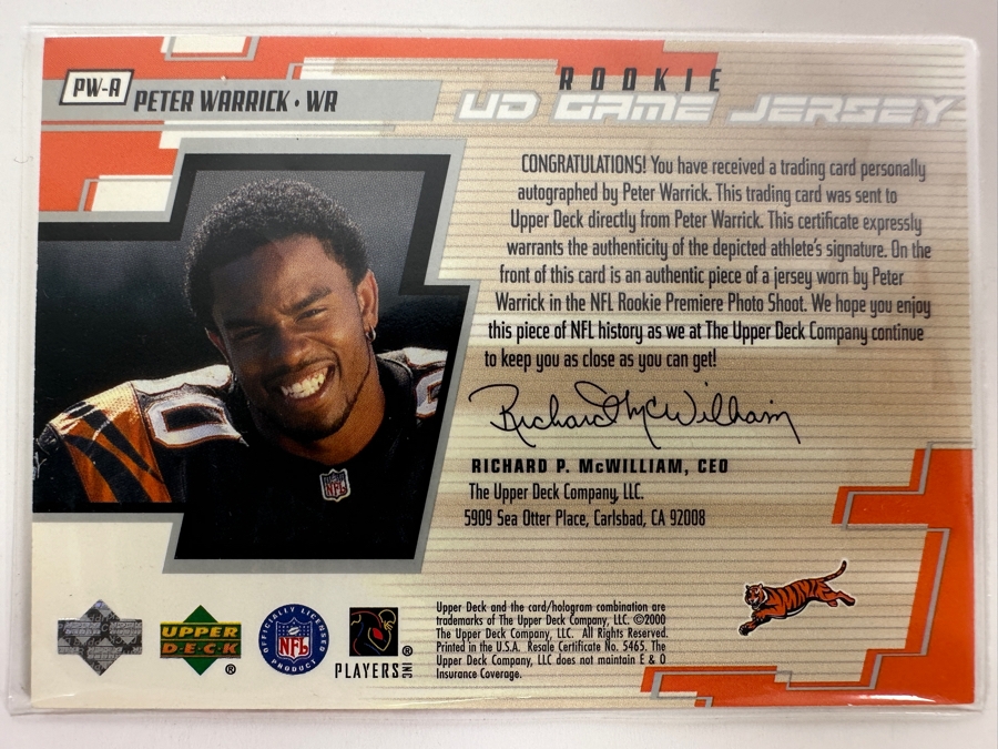 Upper Deck 2000 Peter Warrick Rookie Autographed Cincinnati Bengals Game-Used Jersey Limited Edition Football Card Numbered 80 Of 80 [Photo 2]