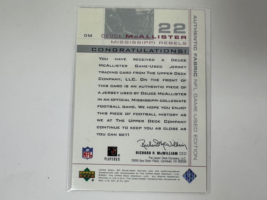 Upper Deck 2001 Deuce McAllister Ole Miss University of Mississippi Game-Used Jersey Football Card [Photo 2]