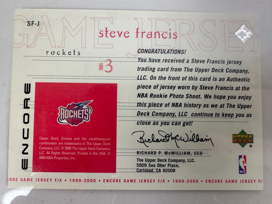 Upper Deck 1999/2000 Steve Francis Houston Rockets Jersey Worn At NBA Rookie Photo Shoot Basketball Card [Photo 2]