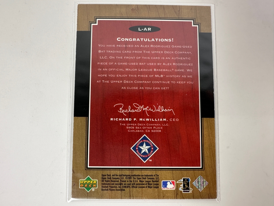 Upper Deck SP 2001 Alex Rodriguez Texas Rangers Legendary Lumber With Game-Used Bat MLB Baseball Card [Photo 3]