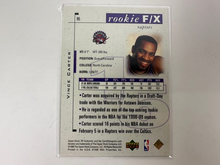 Upper Deck SP 1999 Vince Carter Limited Edition Rookie NBA Basketball Card Numbered 819 Of 3,500 [Photo 2]