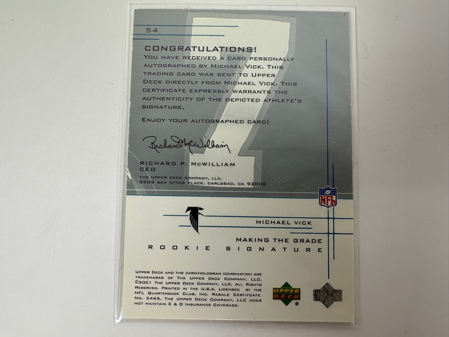 Upper Deck 2001 Michael Vick Rookie Autographed Atlanta Falcons Football Card Numbered 226 Of 500 [Photo 2]