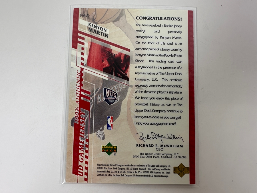 Upper Deck 2001 Kenyon Martin Autographed New Jersey Nets NBA Basketball Card [Photo 3]