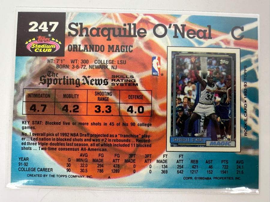 Topps Stadium Club 1993 Shaquille O'Neal Rookie Orlando Magic Basketball Card [Photo 3]