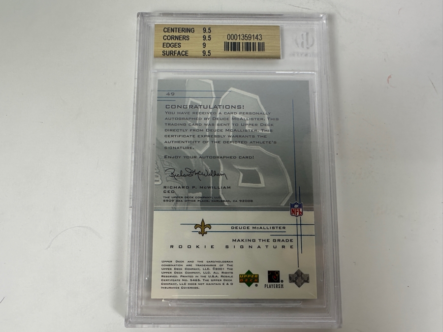 Upper Deck 2001 Deuce McAllister Autographed Rookie Football Card New Orleans Saints Limited Edition 156 OF 500 Beckett Graded 9.5 Gem Mint [Photo 3]