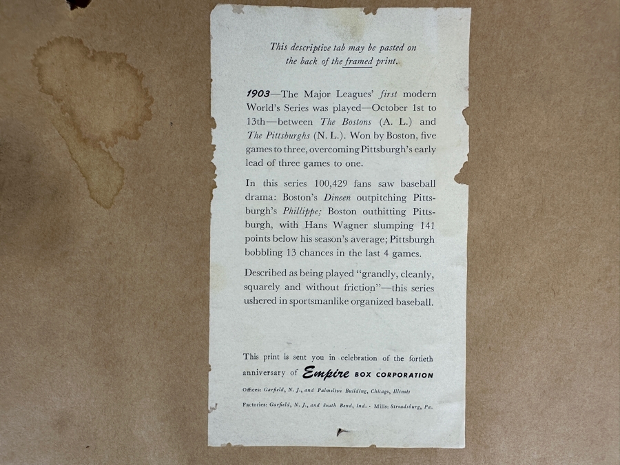 Framed Print Of The 1903 First Modern Major League Baseball World's Series Game Between The Bostons And The Pittsburghs By Empire Box Corporation 10 X 8 [Photo 15]