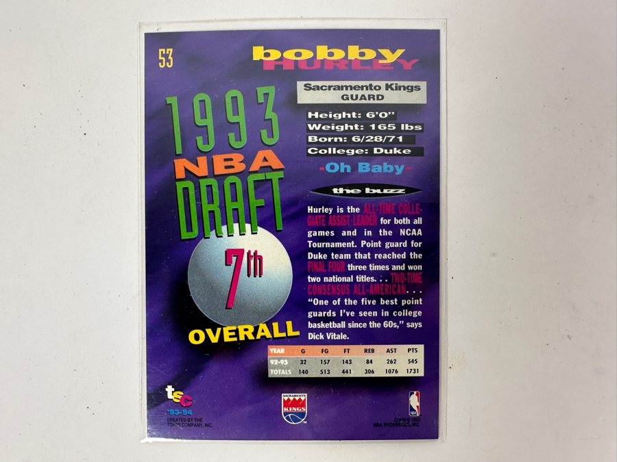 1993/94 Topps Stadium Club Bobby Hurley Rookie NBA Basketball Card [Photo 2]