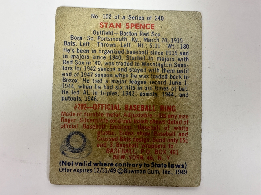 1949 Bowman Gum Stan Spence #102 Baseball Card [Photo 2]