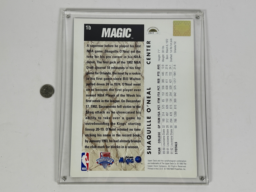 1992/93 Upper Deck Shaquille O'Neal Orlando Magic NBA Jumbo Limited Edition Card #1b In Acrylic Display Case Numbered 2,041 Of 5,000 10 X 12 [Photo 4]