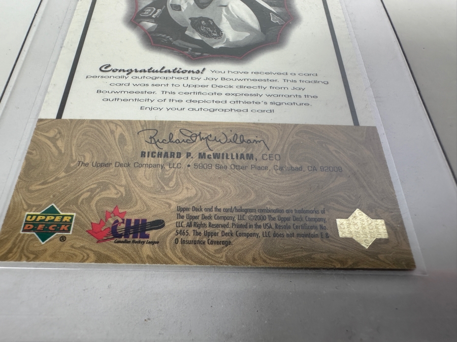 Upper Deck 2000 Prospects Jay Bouwmeester Autographed NHL Hockey Card [Photo 5]