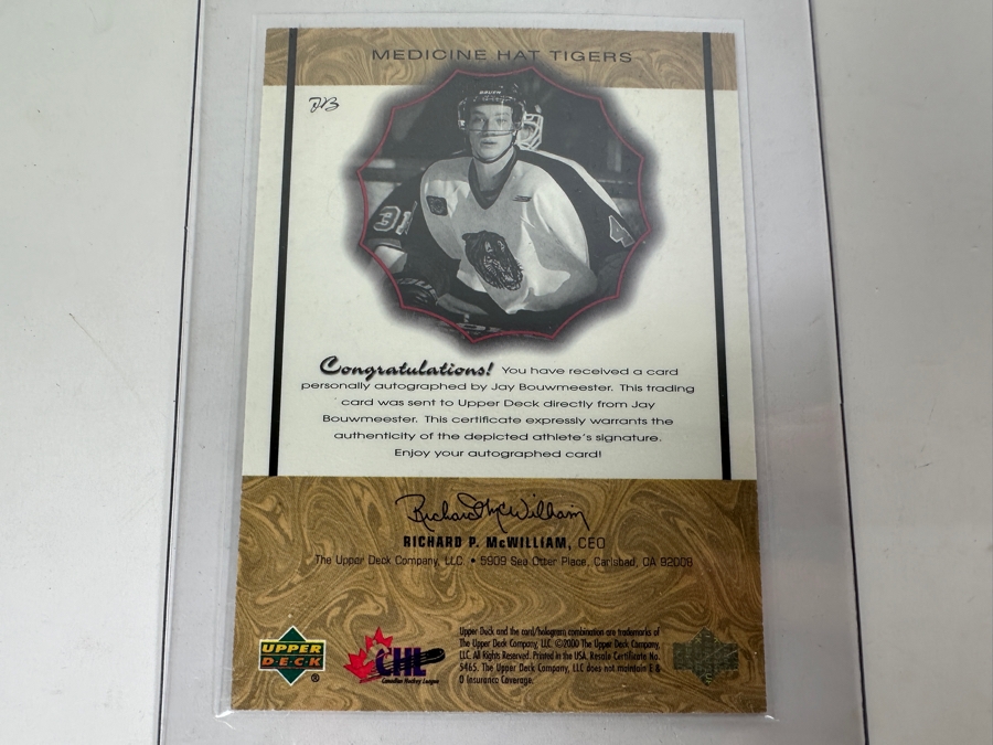 Upper Deck 2000 Prospects Jay Bouwmeester Autographed NHL Hockey Card [Photo 4]