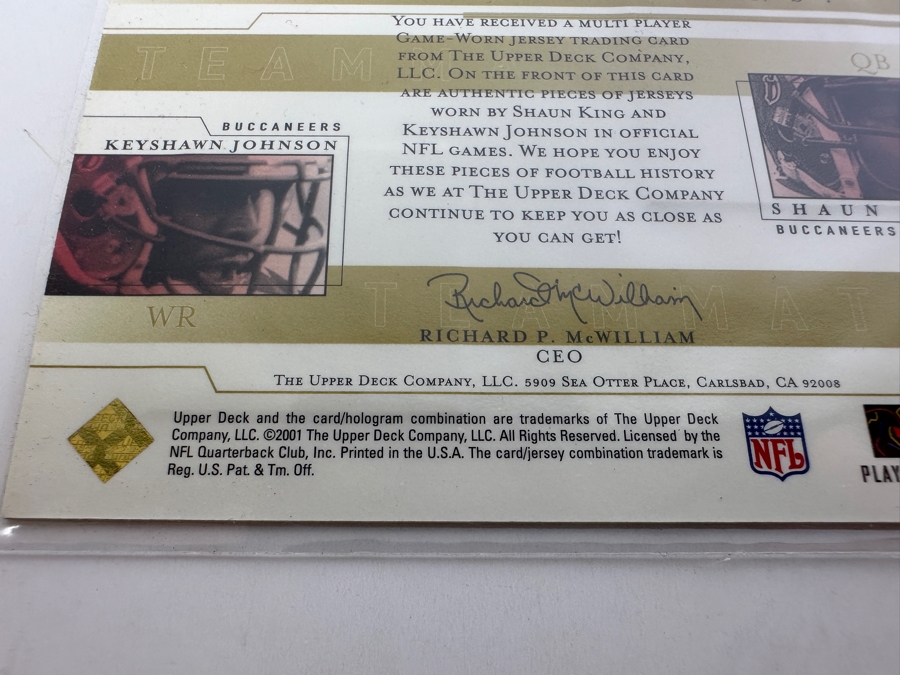 2001 Upper Deck Keyshawn Johnson & Shaun King Tampa Bay Buccaneers Game-Used Jersey NFL Football Card [Photo 3]