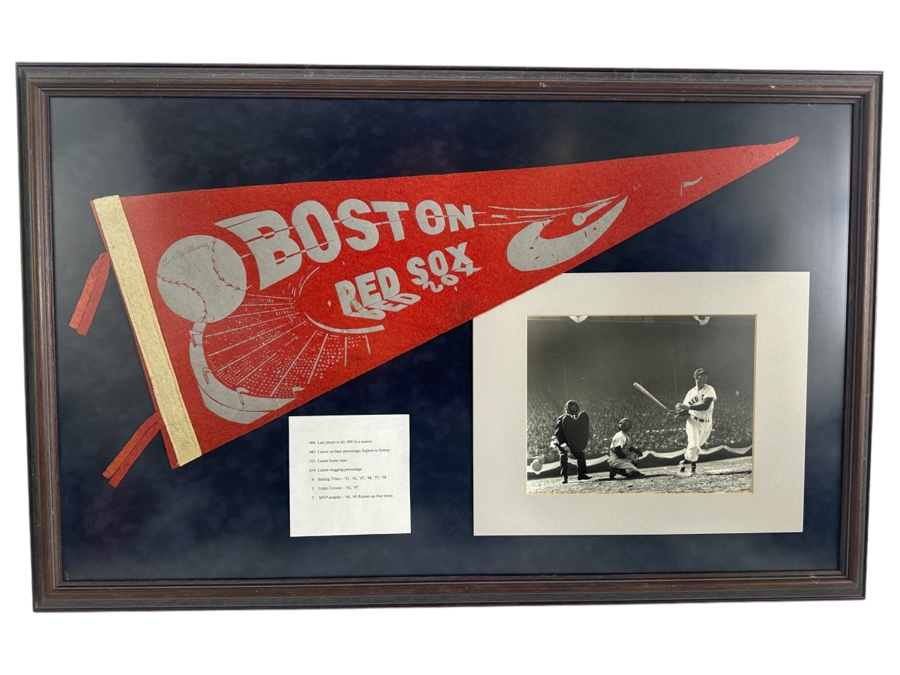 Vintage 1950s Ted Williams Autographed Boston Red Sox Pennant With B&W Ted Williams Photo & Stat Sheet Framed 35.5 X 22.5 (Client Witnessed Ted Sign Pennant As A Kid)