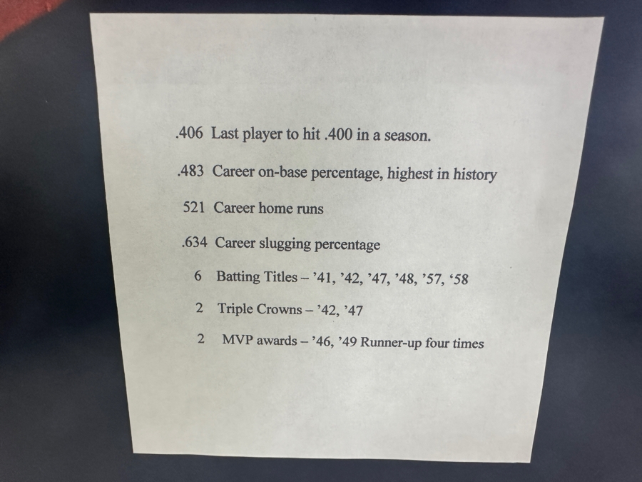 Vintage 1950s Ted Williams Autographed Boston Red Sox Pennant With B&W Ted Williams Photo & Stat Sheet Framed 35.5 X 22.5 (Client Witnessed Ted Sign Pennant As A Kid) [Photo 9]