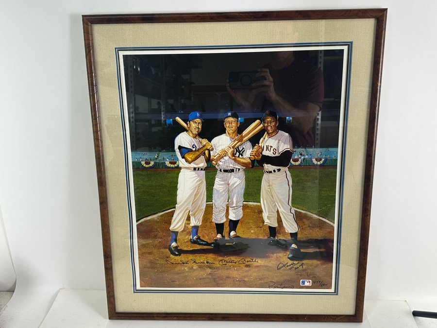 Autographed Ron Lewis Artwork Print Signed By Willie Mays, Mickey Mantle & Duke Snider Limited Edition Numbered 479 Of 500 [Photo 2]