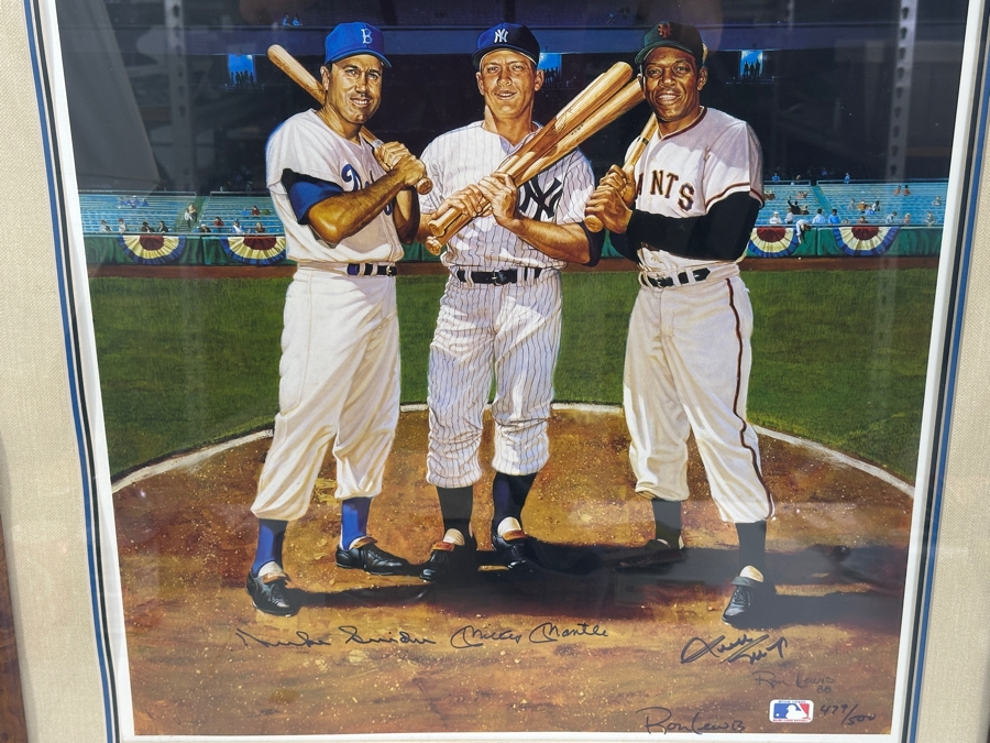 Autographed Ron Lewis Artwork Print Signed By Willie Mays, Mickey Mantle & Duke Snider Limited Edition Numbered 479 Of 500