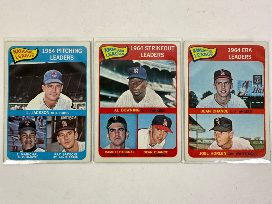 Just Added - Three Topps Baseball Cards: 1964 Pitching Leaders, 1964 Strikeout Leaders, 1964 ERA Leaders [Photo 1]