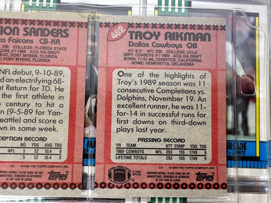 Just Added - 1990 Topps NFL Football Cards - 57 Sheets - Junior Seau / Deion Sanders / Troy Aikman Rookie Cards [Photo 11]