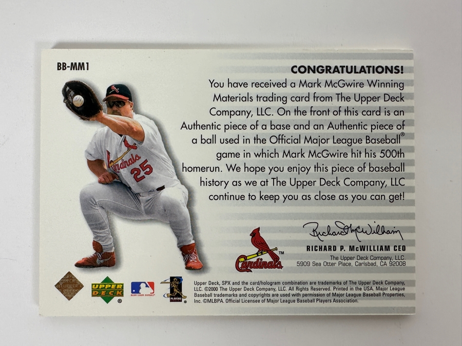 Just Added - 2000 Upper Deck SPX Winning Materials 100% Authentic Game-Used Base & Piece Of A Ball Used In The Game In Which Mark McGwire Hit His 500th Homerun Numbered 25 Of 250 [Photo 5]