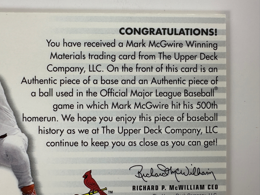 Just Added - 2000 Upper Deck SPX Winning Materials 100% Authentic Game-Used Base & Piece Of A Ball Used In The Game In Which Mark McGwire Hit His 500th Homerun Numbered 25 Of 250 [Photo 7]