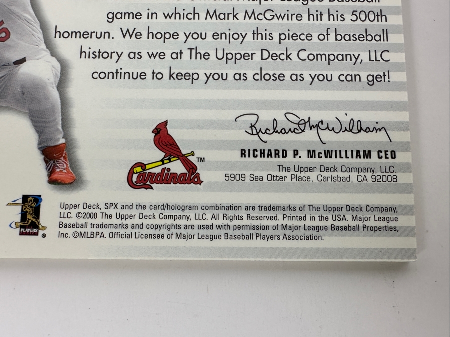 Just Added - 2000 Upper Deck SPX Winning Materials 100% Authentic Game-Used Base & Piece Of A Ball Used In The Game In Which Mark McGwire Hit His 500th Homerun Numbered 25 Of 250 [Photo 6]