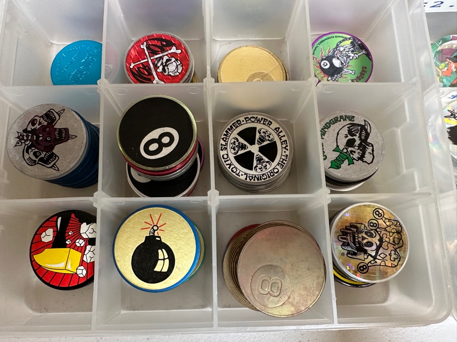 Just Added - Huge Vintage Lot Of Pog Slammers Metal / Acrylic / Paper Popular In The 1990s But Eventually Banned In Many Public Schools Due To Concerns Over Gambling And Classroom Distractions - See Photos [Photo 2]