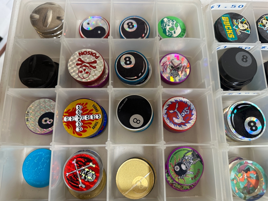 Just Added - Huge Vintage Lot Of Pog Slammers Metal / Acrylic / Paper Popular In The 1990s But Eventually Banned In Many Public Schools Due To Concerns Over Gambling And Classroom Distractions - See Photos [Photo 3]