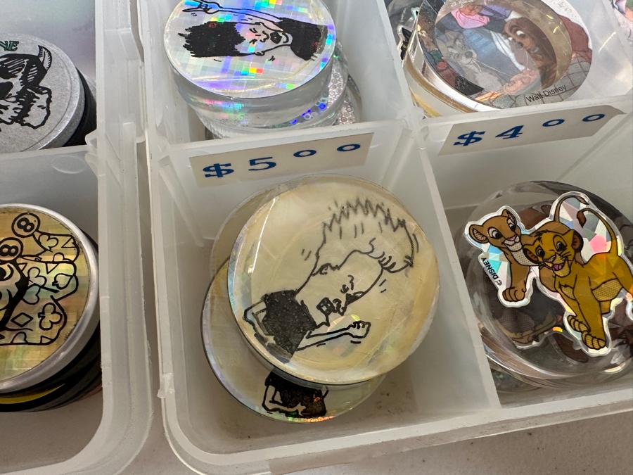 Just Added - Huge Vintage Lot Of Pog Slammers Metal / Acrylic / Paper Popular In The 1990s But Eventually Banned In Many Public Schools Due To Concerns Over Gambling And Classroom Distractions - See Photos [Photo 8]