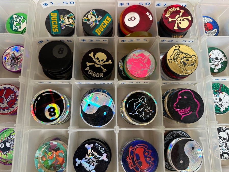 Just Added - Huge Vintage Lot Of Pog Slammers Metal / Acrylic / Paper Popular In The 1990s But Eventually Banned In Many Public Schools Due To Concerns Over Gambling And Classroom Distractions - See Photos [Photo 4]