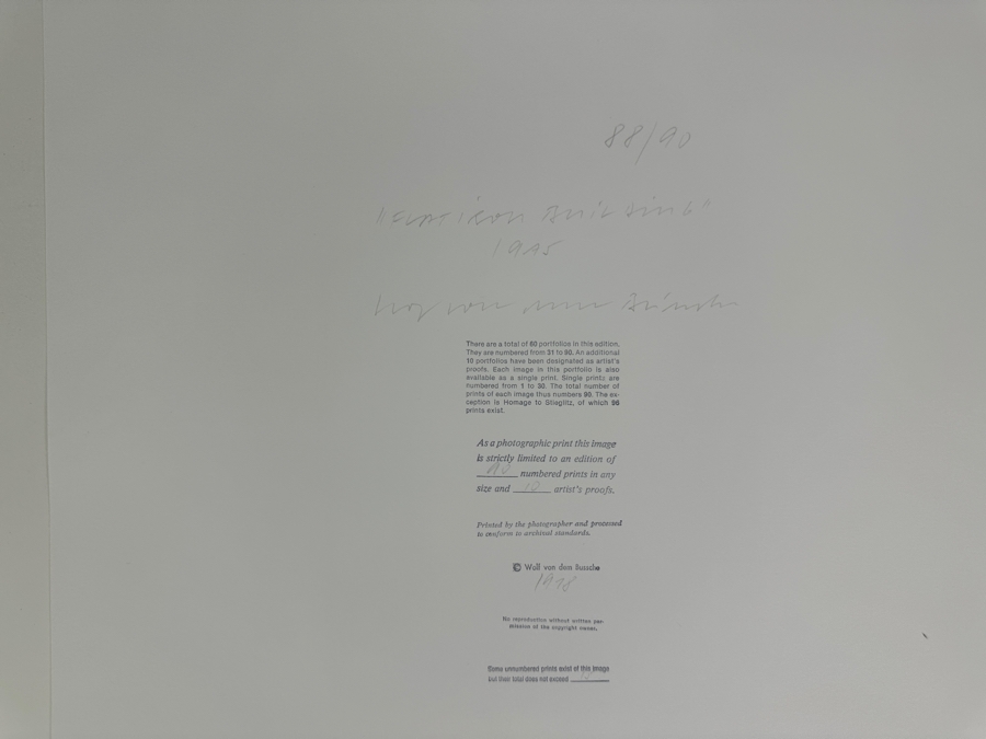 Wolf Von Dem Bussche (1934-2014, American) Hand Signed Limited Edition B&W Photographic Print Titled 'Flatiron Building NYC 1975' Signed On Front And Verso Numbered 88 Of 90 - 7 X 10 [Photo 10]