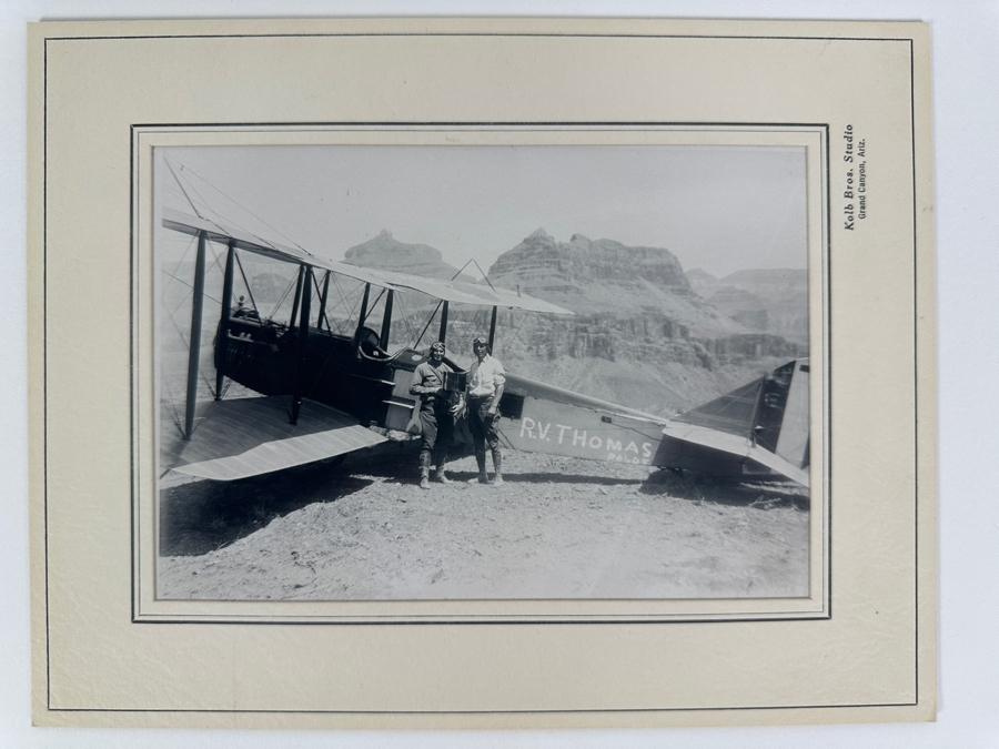 Kolb Brothers' Photography Studio On The South Rim Of The Grand Canyon Photograph Of R. V. Thomas Pilot With Plane First Airplane Landing In The Grand Canyon August 8, 1922 In Original Kolb Brothers Frame 6.5 X 4.5 [Photo 2]