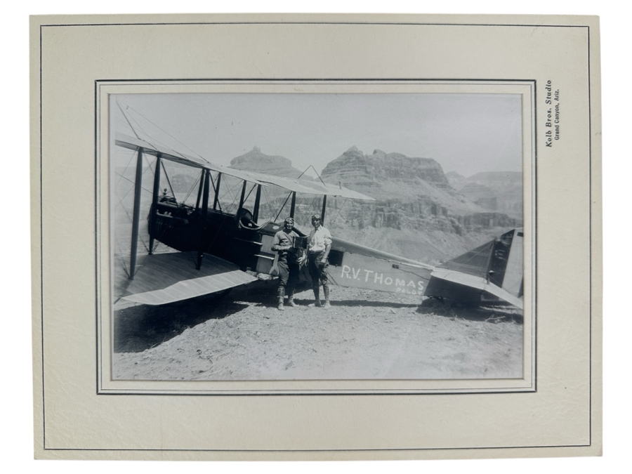 Kolb Brothers' Photography Studio On The South Rim Of The Grand Canyon Photograph Of R. V. Thomas Pilot With Plane First Airplane Landing In The Grand Canyon August 8, 1922 In Original Kolb Brothers Frame 6.5 X 4.5 [Photo 1]