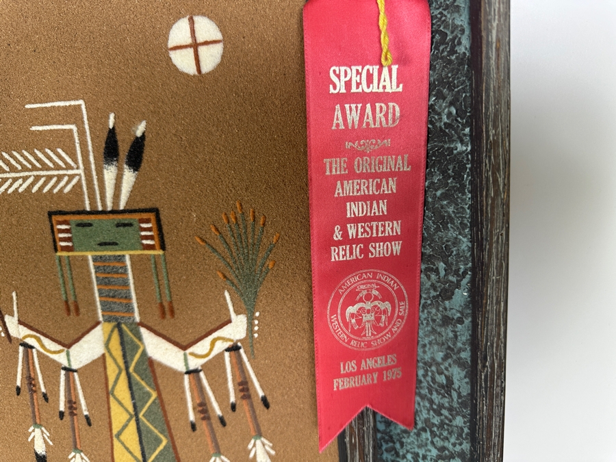 Vintage Nelson Lewis Sand Painting That Won An Award At The 1975 American Indian Western Relic Show And Sale In Los Angeles 24 X 24 Framed 30 X 30 [Photo 2]