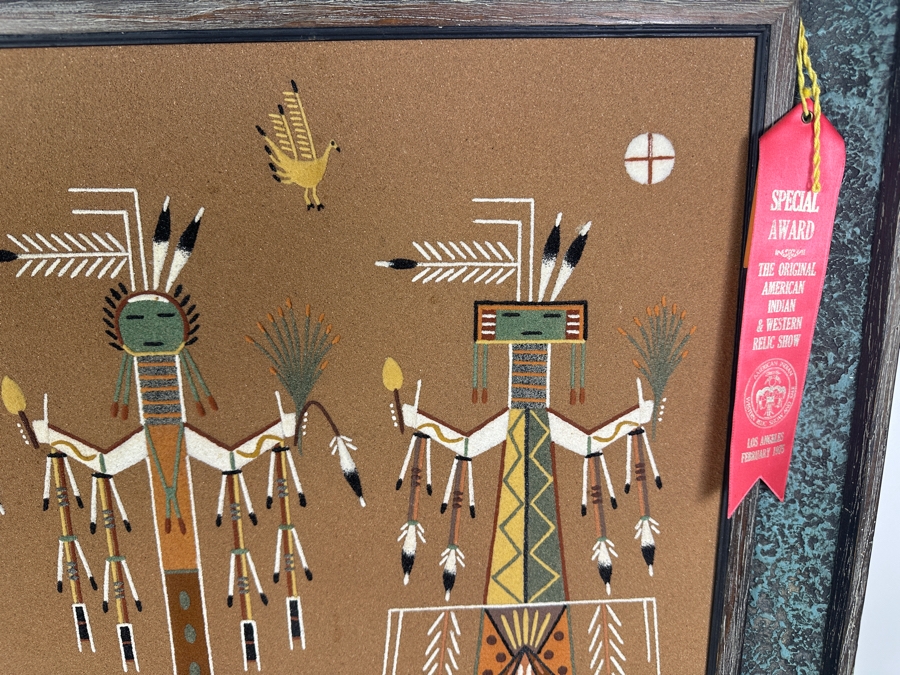 Vintage Nelson Lewis Sand Painting That Won An Award At The 1975 American Indian Western Relic Show And Sale In Los Angeles 24 X 24 Framed 30 X 30 [Photo 8]
