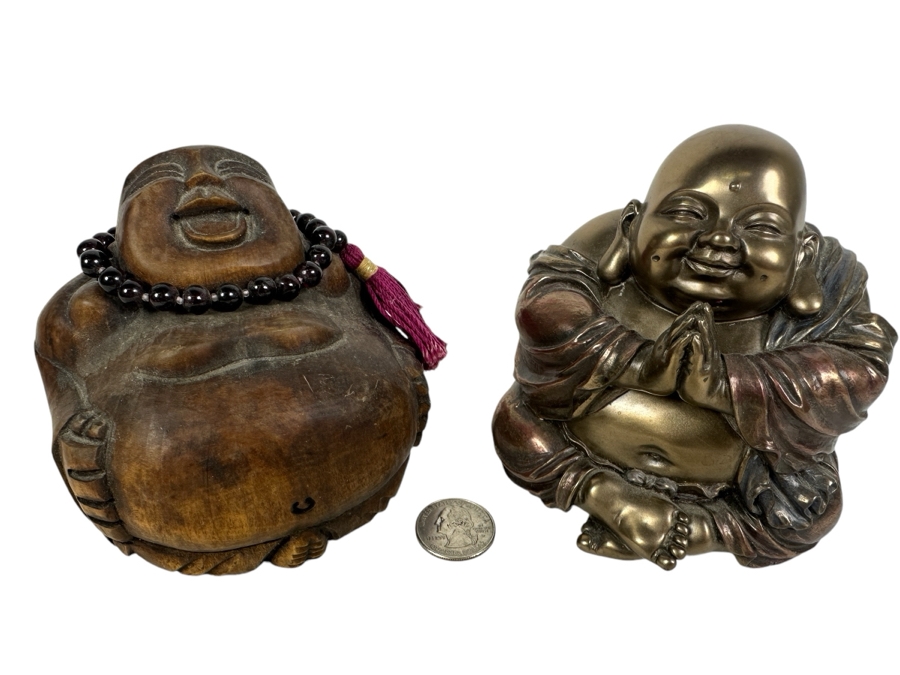 Carved Wooden Laughing Buddha Sculpture (L) And Resin Buddha Summit 2007 Veronese (R) [Photo 1]