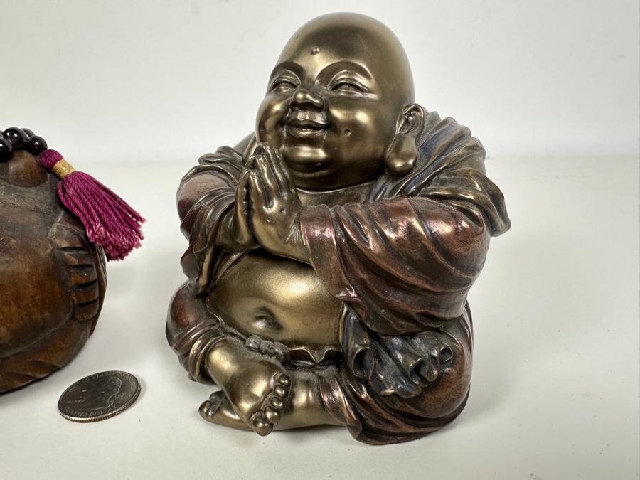 Carved Wooden Laughing Buddha Sculpture (L) And Resin Buddha Summit 2007 Veronese (R) [Photo 5]