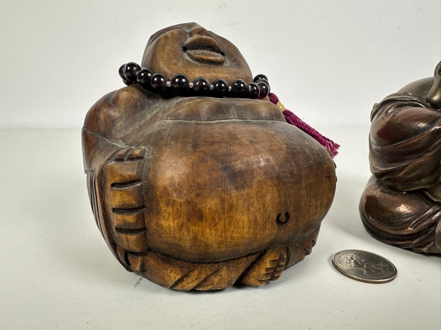 Carved Wooden Laughing Buddha Sculpture (L) And Resin Buddha Summit 2007 Veronese (R) [Photo 3]