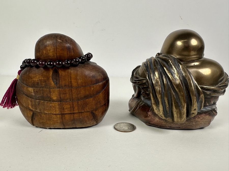 Carved Wooden Laughing Buddha Sculpture (L) And Resin Buddha Summit 2007 Veronese (R) [Photo 6]