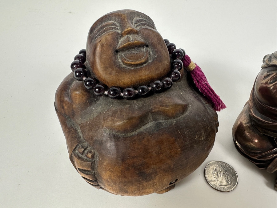Carved Wooden Laughing Buddha Sculpture (L) And Resin Buddha Summit 2007 Veronese (R) [Photo 2]