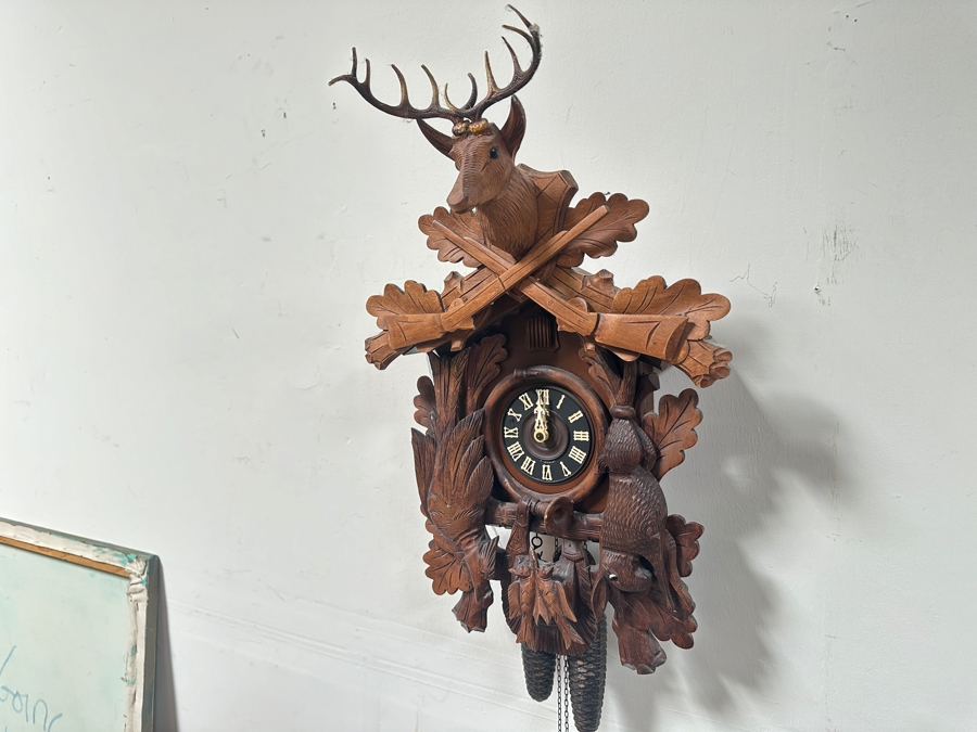 Vintage German Carved Wooden Cuckoo Clock Hunter Style - Needs Servicing 24'H [Photo 2]