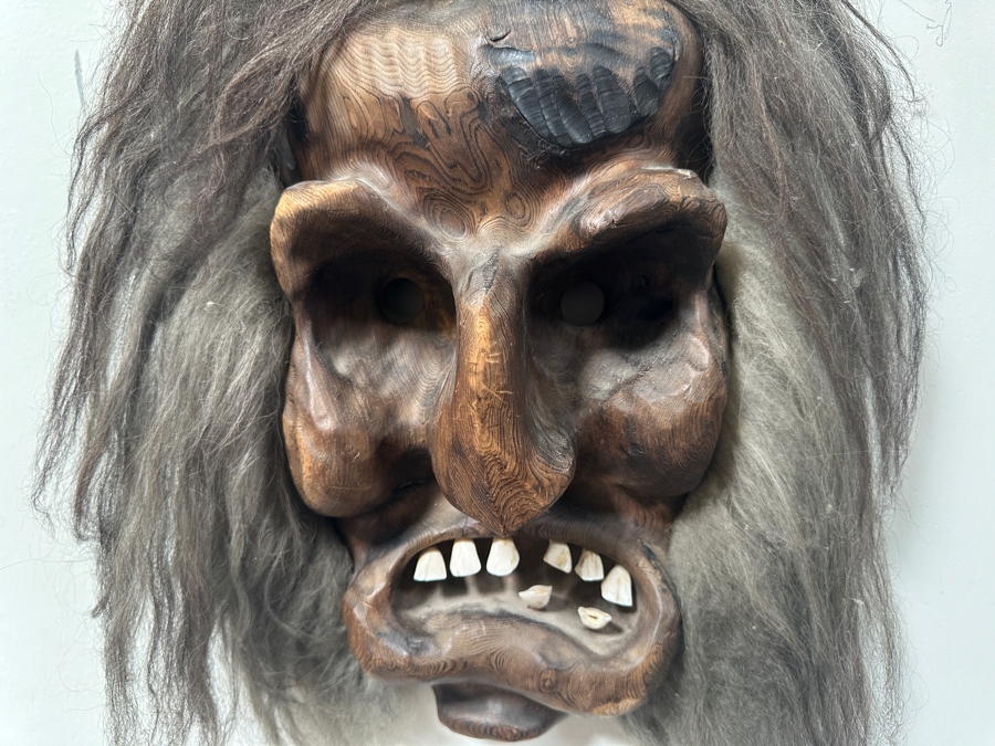 Large Vintage Willi Huggler Carved Wooden Mask With Real Teeth And Hair Brienz Switzerland 17W X 18H [Photo 5]