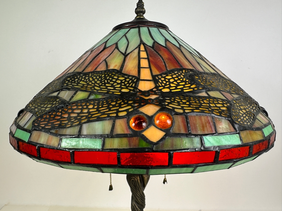 Tiffany Style Stained Glass Dragonfly Metal Lamp 24H [Photo 2]