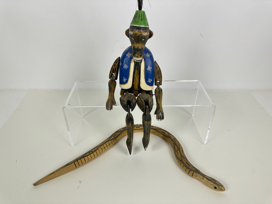 Vintage Wooden Monkey Puppet 16L And Wooden Articulated Snake 19L [Photo 2]