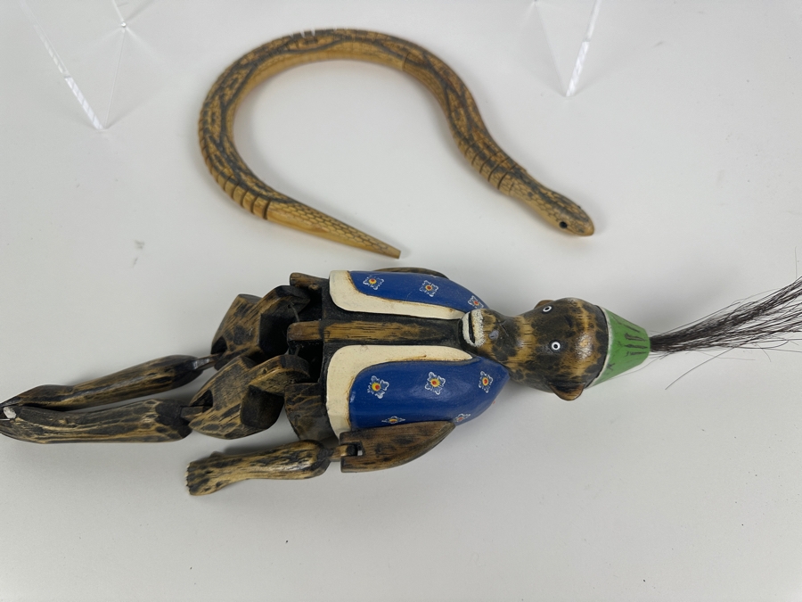 Vintage Wooden Monkey Puppet 16L And Wooden Articulated Snake 19L [Photo 9]