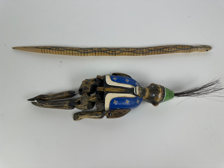 Vintage Wooden Monkey Puppet 16L And Wooden Articulated Snake 19L [Photo 10]