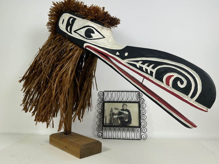 Tlingit Raven Ceremonial Dance Clapper Mask Made Of Wood & Raffia Pacific Northwest Coast Artist Signed With Stand And Photo Of Artist 24'L Estimate $2,000 [Photo 6]